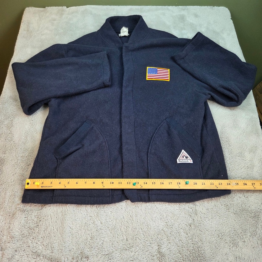 Bulwark FR Flame Resistant Fleece Jacket Mens XL Snap Front USA Flag Navy Blue